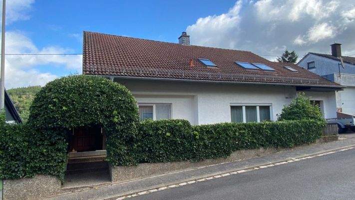 Straßenansicht mit Eingang durch Pflanzenbogen