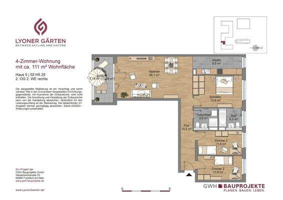 Grundriss mit Wohnzimmer (36,1 m²), Küche (9,5 m²), Schlafzimmer (15,6 m²), Duschbad (5,5 m²), Badezimmer (5,3 m²), Zimmer 1 (11,6 m²), Zimmer 2 (11,6 m²), Flur (10,5 m²) und Loggia (5,14 m² (10,28 m²)) 