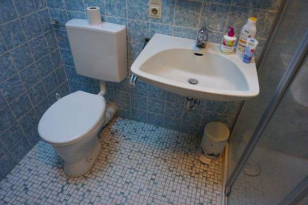 Badezimmer mit Dusche, Waschbecken, WC und Fenster.JPG