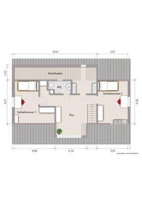 Grundriss Dachgeschoss (nicht maßstabsgerecht, Möblierungsbeispiel)