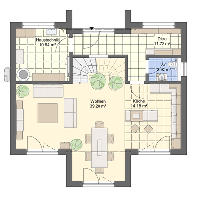 EG mit dem  53 m² großen Wohn- und Küchenbereich