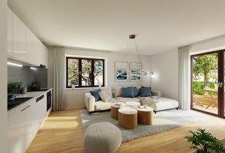 Unverbindliche Visualisierung des Wohn-, Koch- und Essbereichs