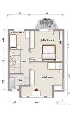 Grundriss Dachgeschoss (nicht maßstabsgerecht, Möblierungsbeispiel)