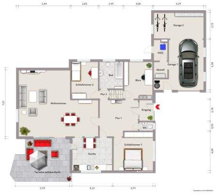 Grundriss Erdgeschoss (nicht maßstabsgerecht, Möblierungsbeispiel)