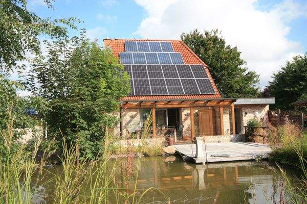 Blick über den Gartenteich zum Haus