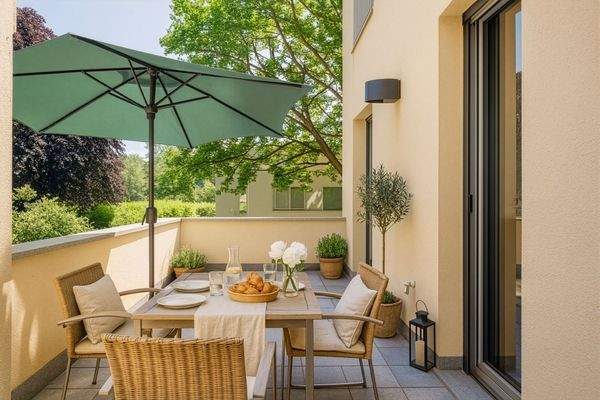 Sonniger Balkon mit Blick ins Grüne (mit Einrichtu