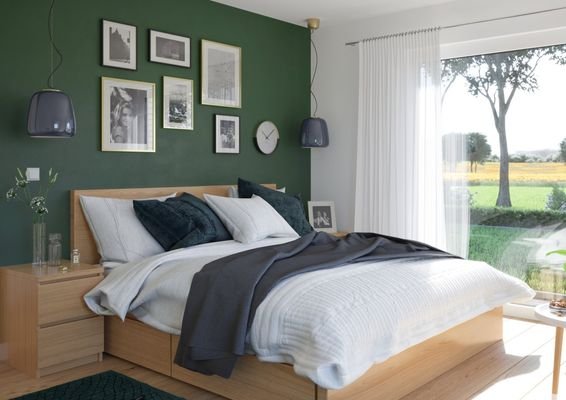 Schlafzimmer mit großen Fenstern
