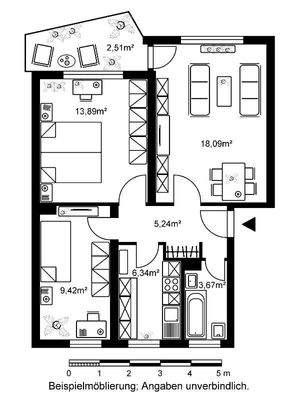 Grundriss mit ca 2,51 m² Balkon, 13,89m² Schlafzimmer, 18,09 m² Wohnzimmer, 9,42m² Kinderzimmer, 6,34m² Küche, 3,67m² Bad, 5,24m² Flur