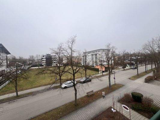 Blick auf ruhige Wohnstraße mit Bäumen und gepflegtem Gehweg