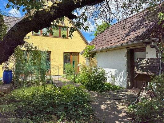 Rückanischt / Teich / Garage