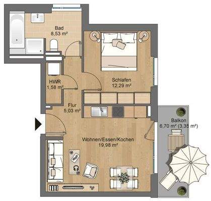 Grundriss bestehend aus Bad 8,53 m², Hauswirtschaftsraum 1,58 m², Schlafzimmer 12,29 m², Flur 5,03 m², Wohnen/Essen/Kochen 19,98 m², Balkon 6,70 m²  