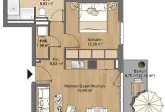 Grundriss bestehend aus Bad 8,53 m², Hauswirtschaftsraum 1,58 m², Schlafzimmer 12,29 m², Flur 5,03 m², Wohnen/Essen/Kochen 19,98 m², Balkon 6,70 m²  