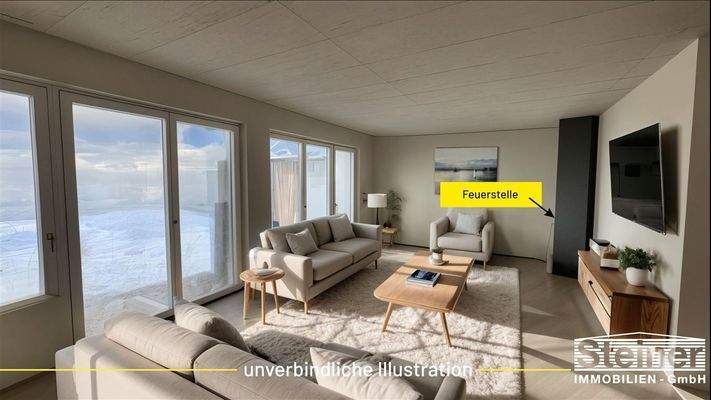 Wohnzimmer mit Feuerstelle