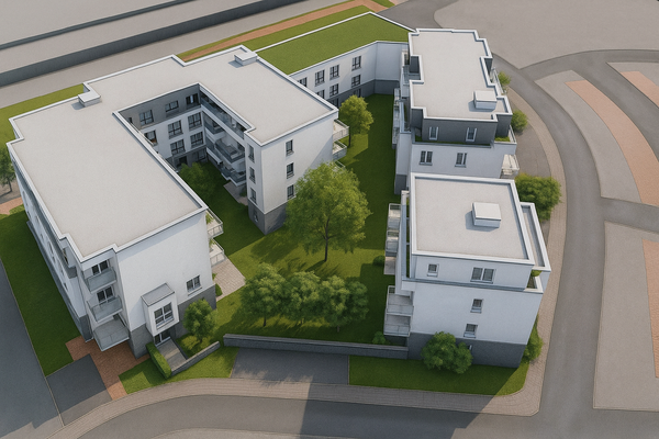 Ansicht mit dem 1. Bauabschnitt im Vordergrund