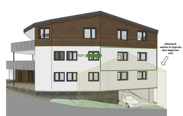 Darstellung Höhe Altbestand (nur grobe Skizze - Dach des Neubaus ist hier nicht korrekt dargestellt)