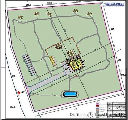 plan mit angzeichnetem pool, gehe-wege, Parking u. bungalowus