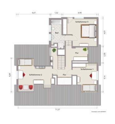 Grundriss Dachgeschoss (nicht maßstabsgerecht, Möblierungsbeispiel)