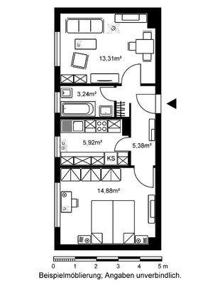 Grundriss mit ca 31,31m² Wohnzimmer, 3,24m² Bad,  5,38m² Flur, 5,92m² Küche, 14,88m² Schlafzimmer 