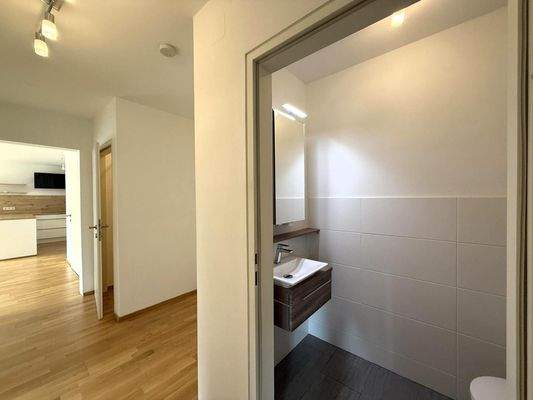 Toilette mit Wandspiegel und Handwaschbecken