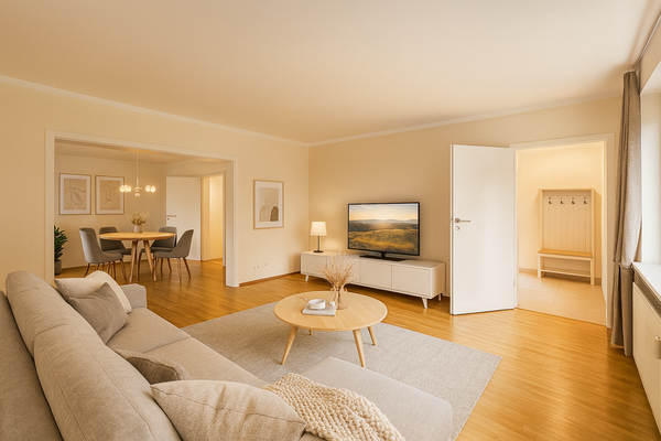 Visualisierung offener Wohn- und Essbereich im Erdgeschoss des Haupthauses