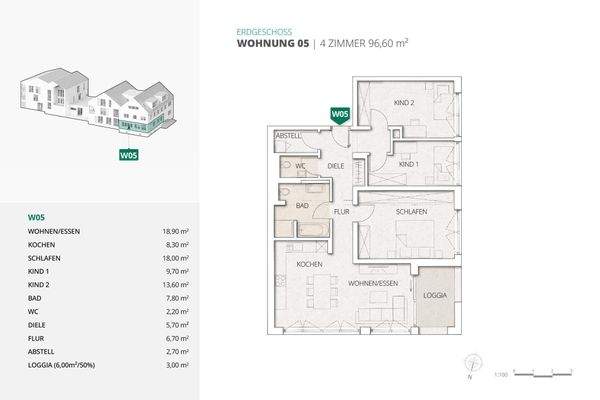 Grundriss Wohnung 5 mit Wfl.-Berechnung
