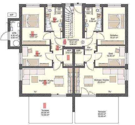 Grundriss Whg.1, EGre rot markiert 