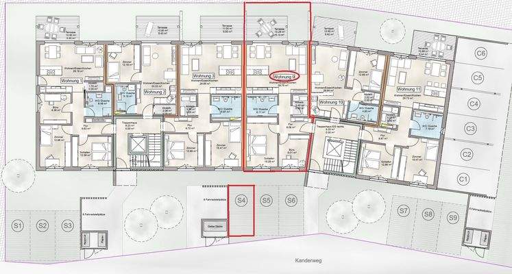 Grundriss Erdgeschoss: Wohnung Nr. 9 mit Stellplatz S4