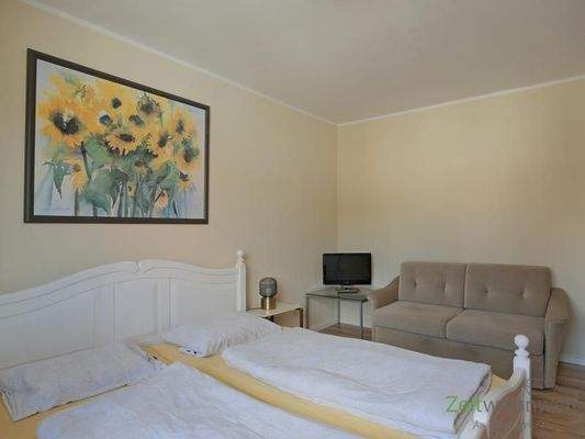 TV und Sofa im Schlafzimmer