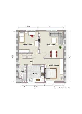 Grundriss Dachgeschoss (nicht maßstabsgerecht, Möblierungsbeispiel)