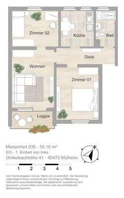 Grundriss farbig / möbliert