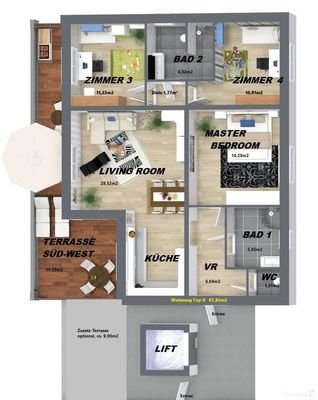 Terrassen Wohnung beschriftet +Größen in m2