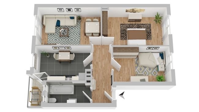 Grundriss der im 2. Obergeschoss befindlichen Wohnung (Ausstattung u. Möblierung ist nur beispielhaft)