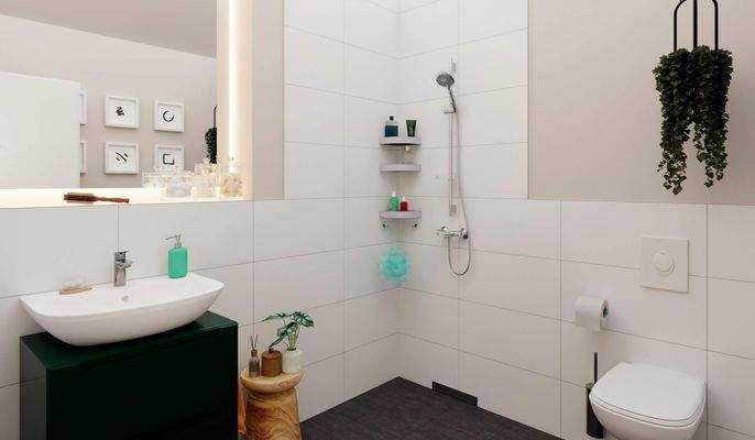 Das Bad überzeugt mit bodengleicher Dusche und kle