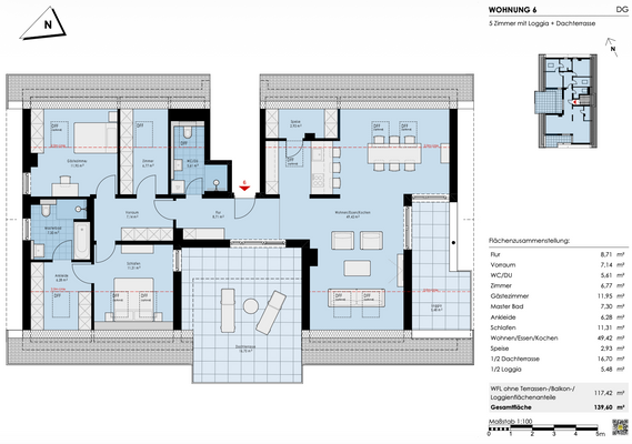 Penthousewohnung mit Dachterrasse und Loggia
