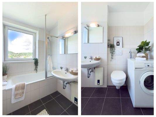 Helles Wannenbad mit Waschmaschine