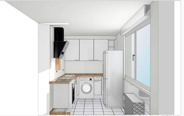 3D Modell Küche, weiß, Abzugshaube, Herd, Spülbecken, Küchenschränke, Kühlschrank, Fliesenboden und Fenster auf der rechten Seite