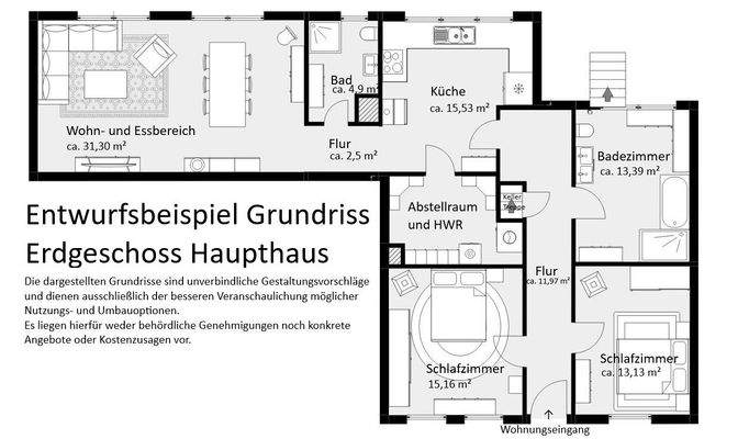 Entwurfsbeispiel Grundriss Erdgeschoss Haupthaus