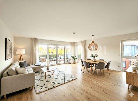 Wohnzimmer mit Zugang zur großen Dachterrasse