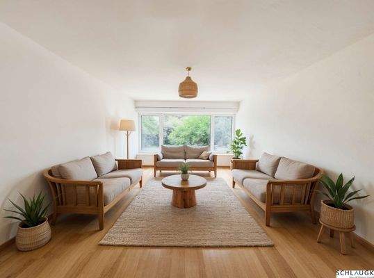 Helles Wohnzimmer mit Gartenblick - Beispieleinrichtung (KI)