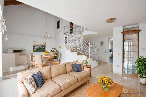 offener Wohnbereich mit Kachelofen KI