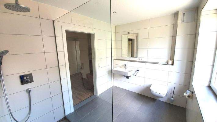 Badezimmer mit begehbarer Dusche im Erdgeschoss