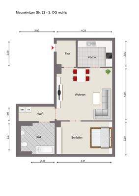 2024 - 3. OG rechts - Grundriss möbliert