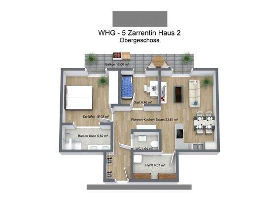 WHG - 5 Zarrentin Haus 2 - Obergeschoss - 3D Floor Plan