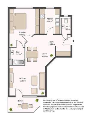 Grundriss mit Diele (4,10 m²), WC (2,20 m²), Küche (6,80 m²), Essbereich (12,00 m²), Wohnzimmer (15,80 m²), Schlafzimmer (14,60 m²) und Balkon
