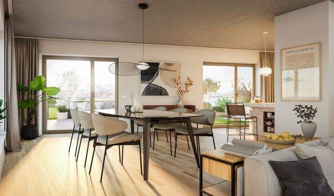 Sichtbeton, Echtholzparkett, Bodentiefe Fenster - 