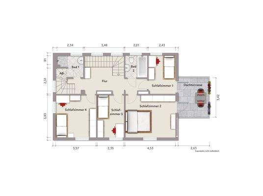 Grundriss Obergeschoss (nicht maßstabsgerecht, Möblierungsbeispiel)