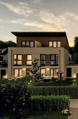 Außenansicht Gartenseite Abend Pultdach 