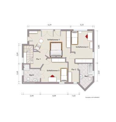 Grundriss Dachgeschoss (nicht maßstabsgerecht, Möblierungsbeispiel)