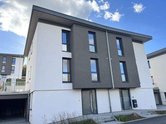 Nordostansicht mit Garage und Hauszugang (linke Haushälfte Nr. 46)