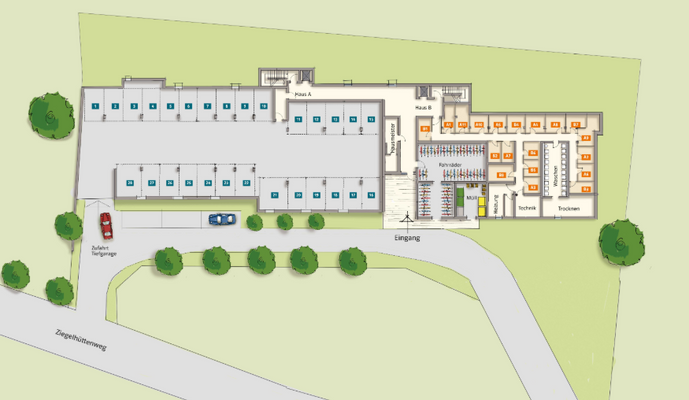 Tiefgaragenstellplätze, Waschräume, Kellerabteil